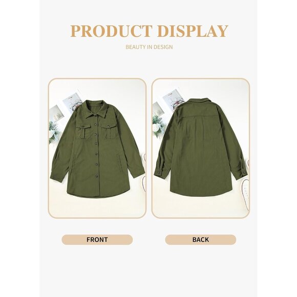 Womens Green Plus Size Plaid Shacket Long Sleeve Button Down Casual Jacket - Picture 4 of 5